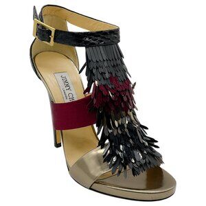 Jimmy Choo Burgundy / Black Sequin Fedora T Strap Sandals